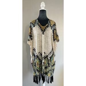 Double D Ranch Poncho Western Size S/M Yoakum Texas Aztec Tribal Tassels Beads